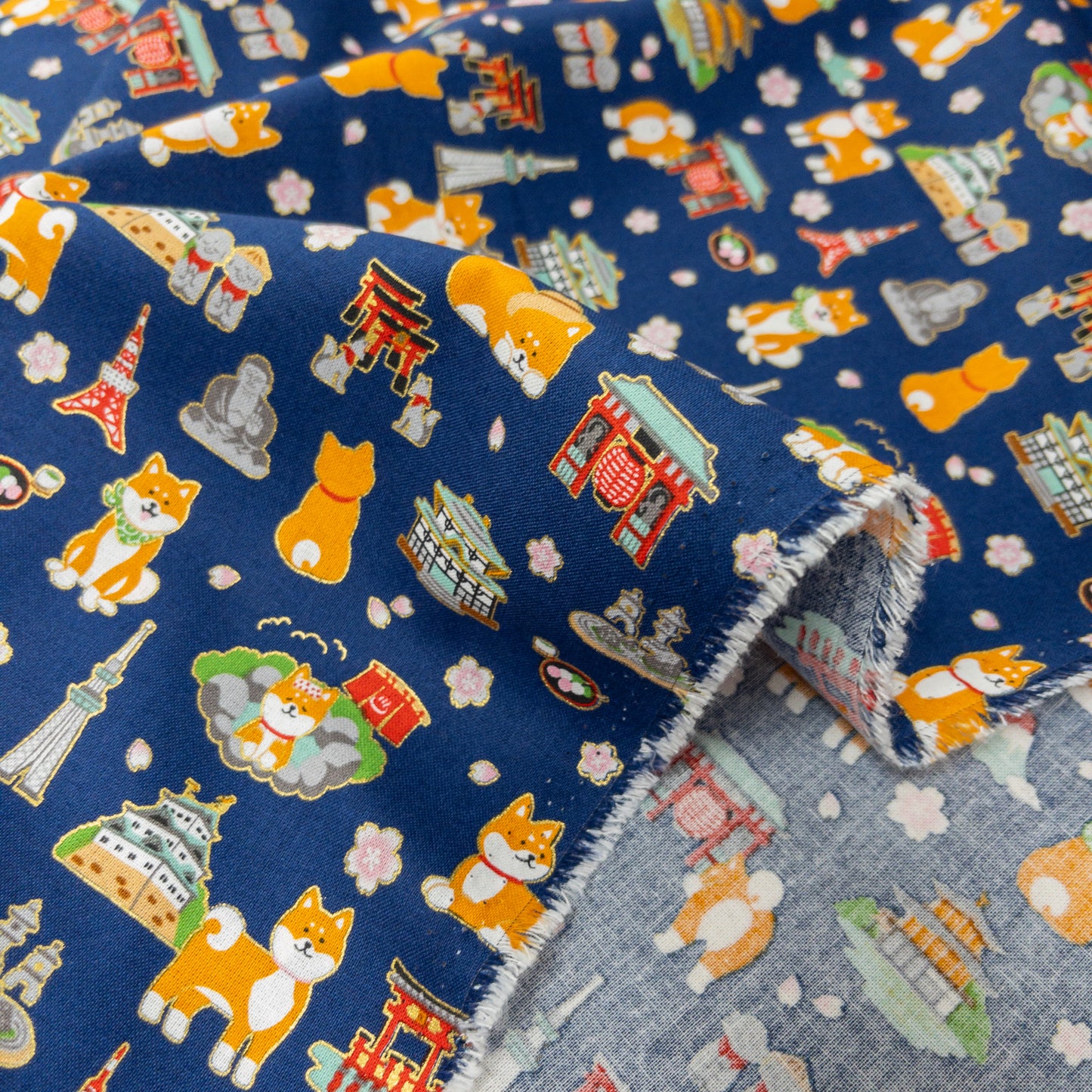 Japan| Foil-stamped shiba travel 柴犬旅行日本 | cotton printed sheeting 純棉