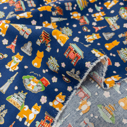 Japan| Foil-stamped shiba travel 柴犬旅行日本 | cotton printed sheeting 純棉