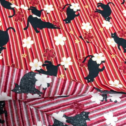 Quilt Gate | bronzing sakura stripe black cats 燙金櫻花間條黑貓 | cotton printed sheeting 純棉
