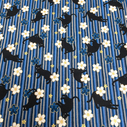 Quilt Gate | bronzing sakura stripe black cats 燙金櫻花間條黑貓 | cotton printed sheeting 純棉