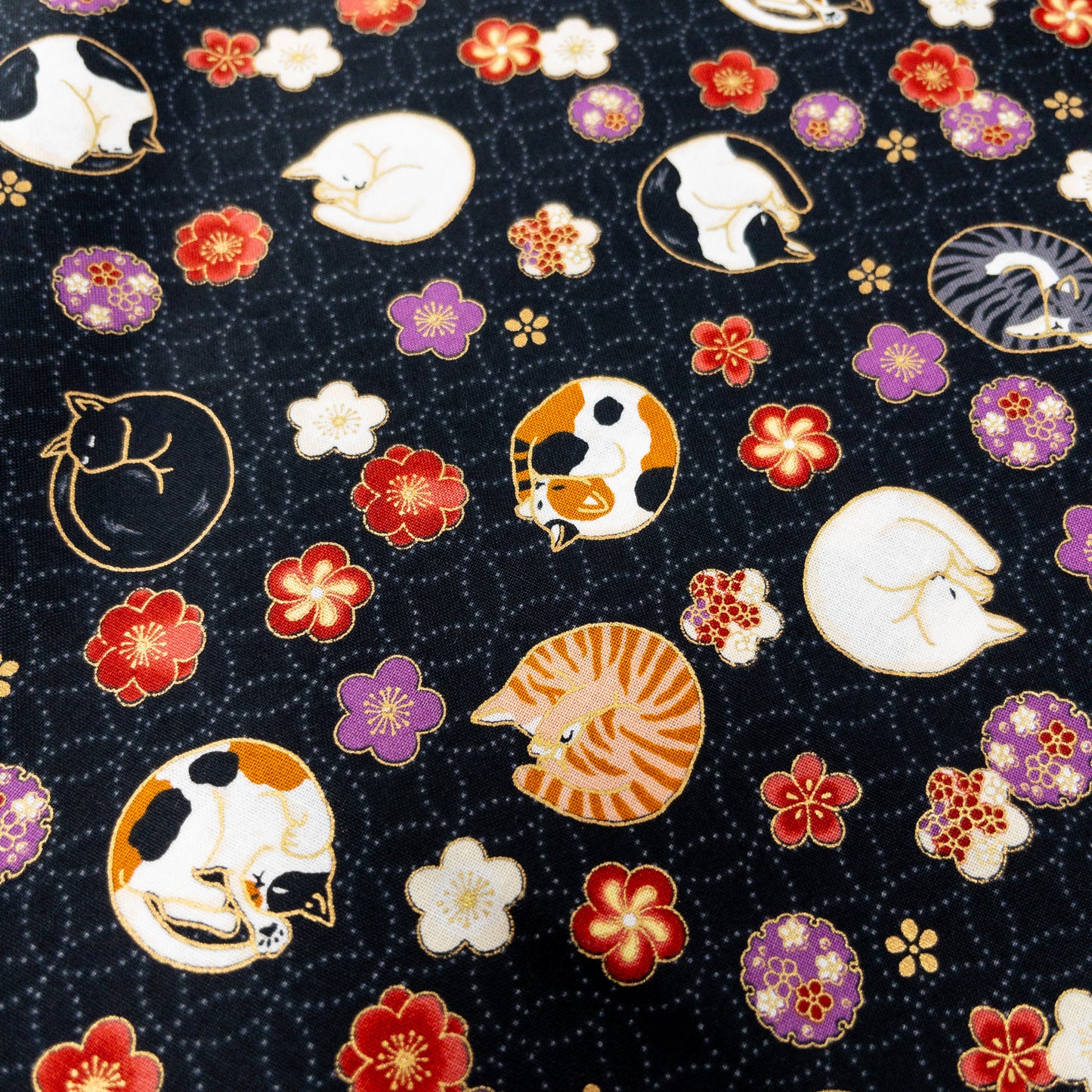 Japan | Foil-stamped curled sleeping cat 燙金捲曲睡貓貓 | cotton printed sheeting 純棉