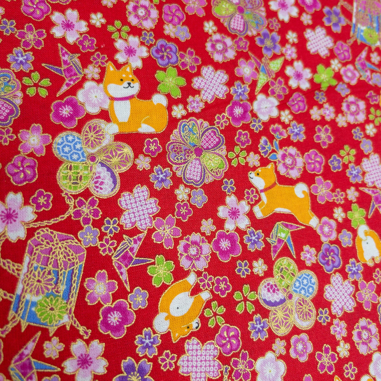 Japan| Foil-stamped shiba sakura柴犬燙金櫻花 | cotton printed sheeting 純棉