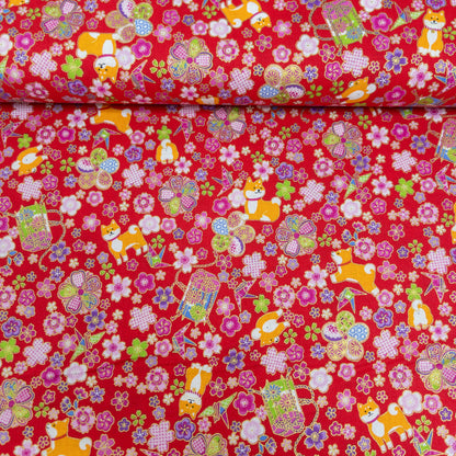 Japan| Foil-stamped shiba sakura柴犬燙金櫻花 | cotton printed sheeting 純棉