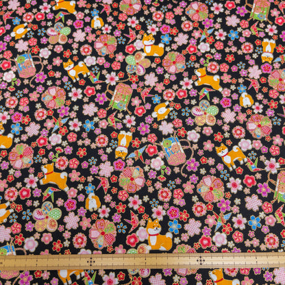 Japan| Foil-stamped shiba sakura柴犬燙金櫻花 | cotton printed sheeting 純棉