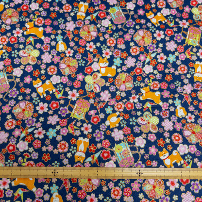 Japan| Foil-stamped shiba sakura柴犬燙金櫻花 | cotton printed sheeting 純棉