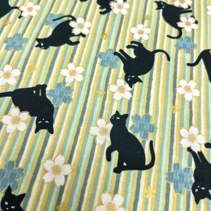 Quilt Gate | bronzing sakura stripe black cats 燙金櫻花間條黑貓 | cotton printed sheeting 純棉