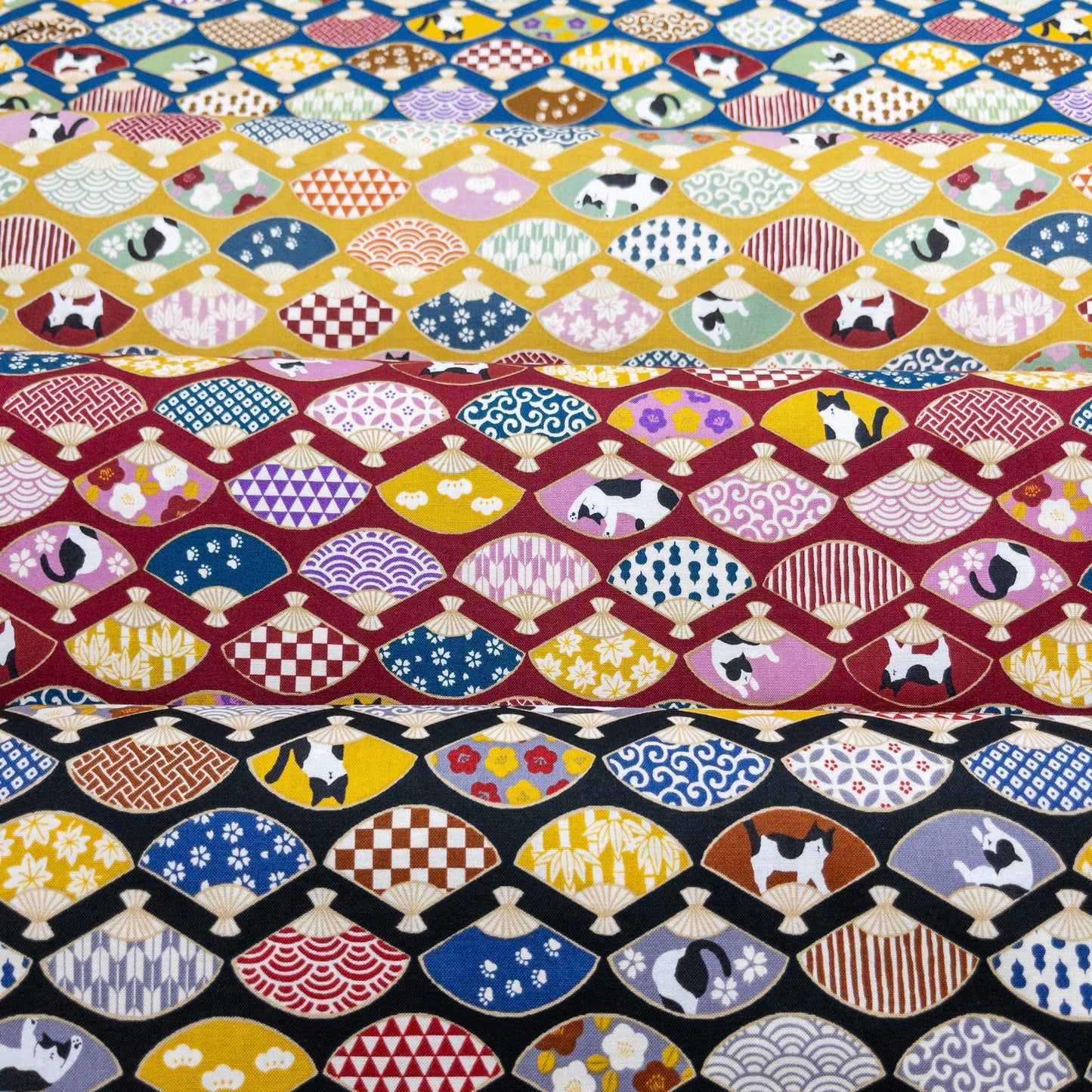 Japan | japanese folding fan & cats 和風和扇貓貓 | cotton printed sheeting 純棉