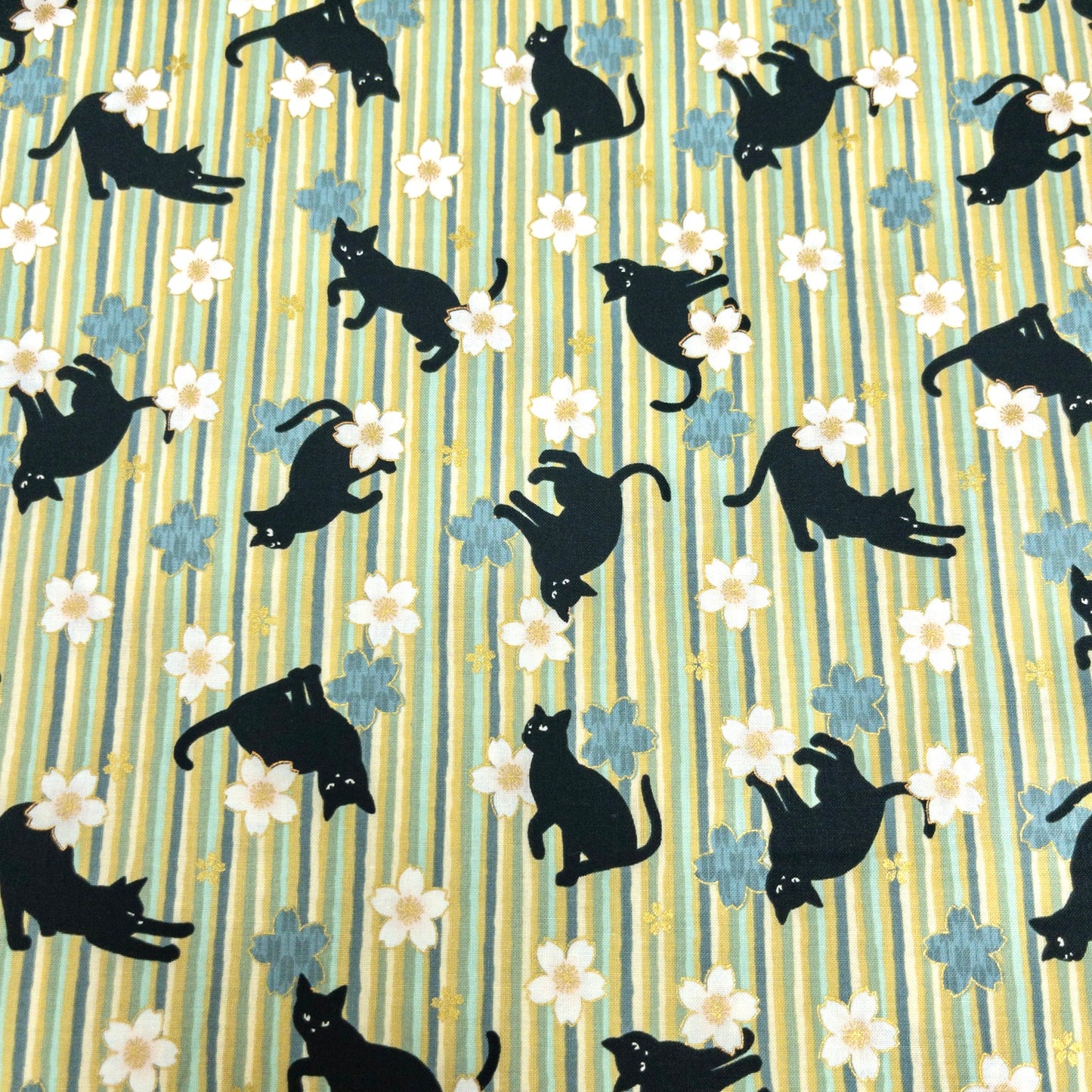 Quilt Gate | bronzing sakura stripe black cats 燙金櫻花間條黑貓 | cotton printed sheeting 純棉