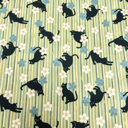 Quilt Gate | bronzing sakura stripe black cats 燙金櫻花間條黑貓 | cotton printed sheeting 純棉