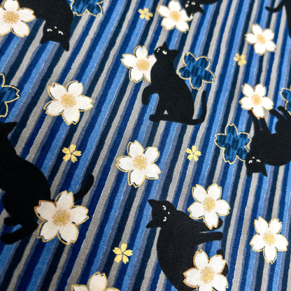 Quilt Gate | bronzing sakura stripe black cats 燙金櫻花間條黑貓 | cotton printed sheeting 純棉