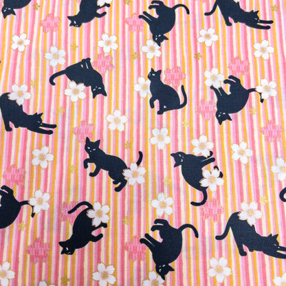 Quilt Gate | bronzing sakura stripe black cats 燙金櫻花間條黑貓 | cotton printed sheeting 純棉