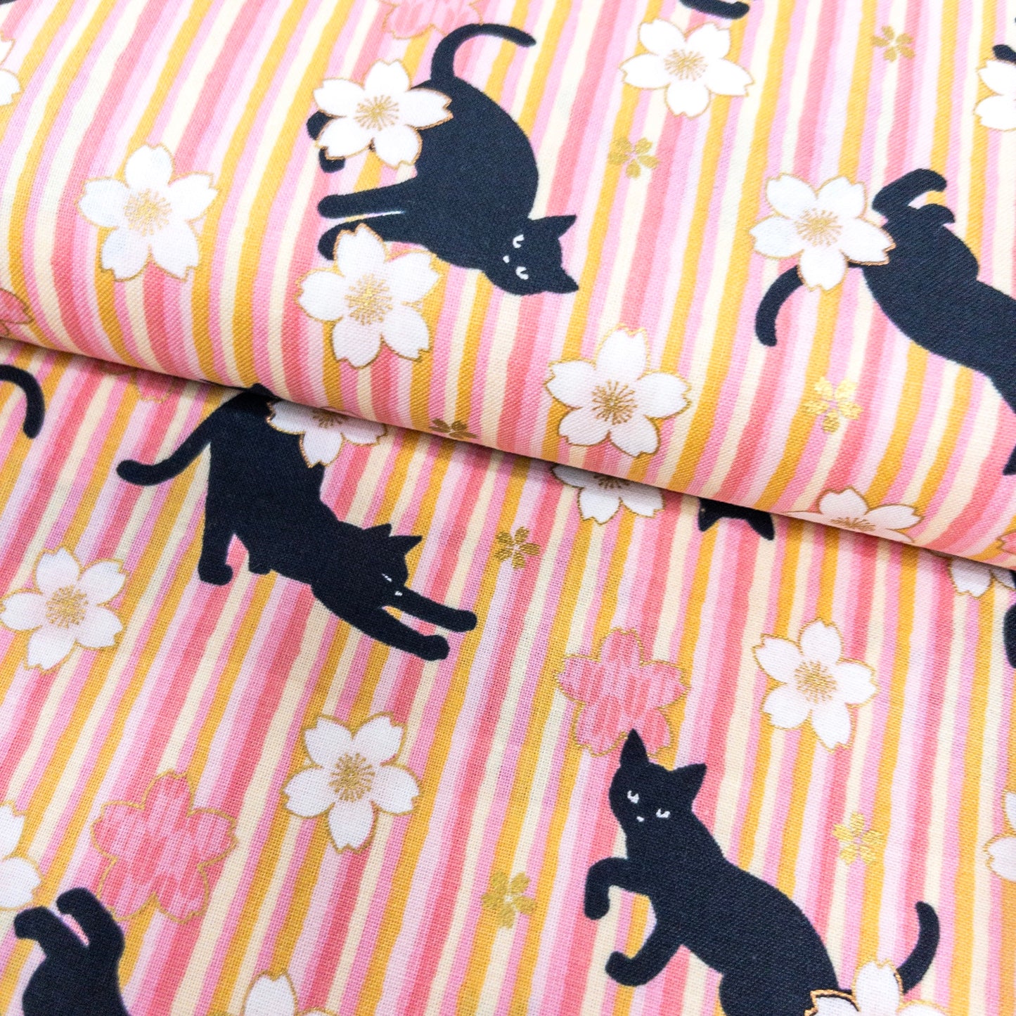 Quilt Gate | bronzing sakura stripe black cats 燙金櫻花間條黑貓 | cotton printed sheeting 純棉