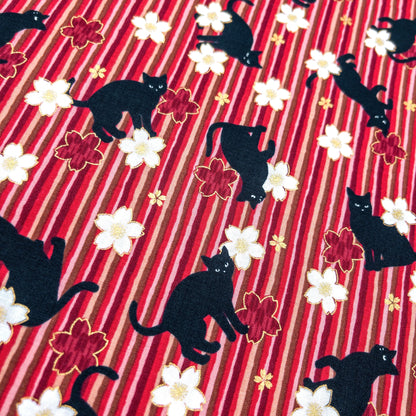 Quilt Gate | bronzing sakura stripe black cats 燙金櫻花間條黑貓 | cotton printed sheeting 純棉