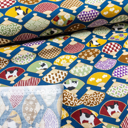 Japan | japanese folding fan & cats 和風和扇貓貓 | cotton printed sheeting 純棉