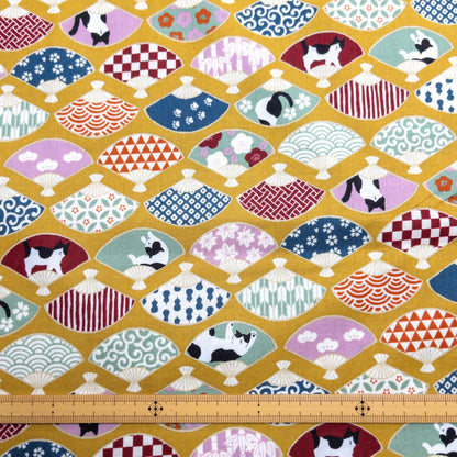 Japan | japanese folding fan & cats 和風和扇貓貓 | cotton printed sheeting 純棉
