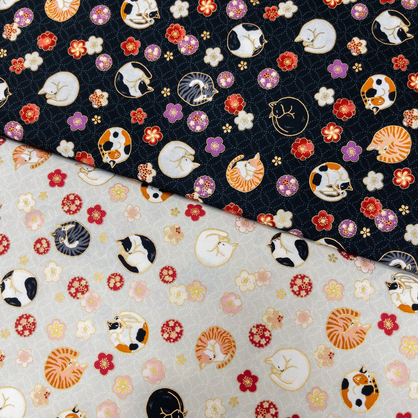 Japan | Foil-stamped curled sleeping cat 燙金捲曲睡貓貓 | cotton printed sheeting 純棉