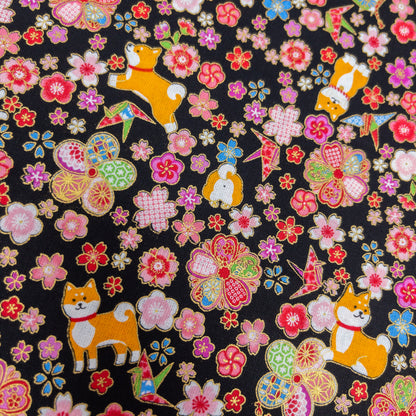 Japan| Foil-stamped shiba sakura柴犬燙金櫻花 | cotton printed sheeting 純棉