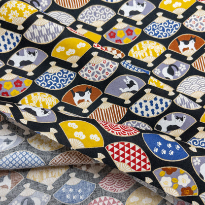 Japan | japanese folding fan & cats 和風和扇貓貓 | cotton printed sheeting 純棉