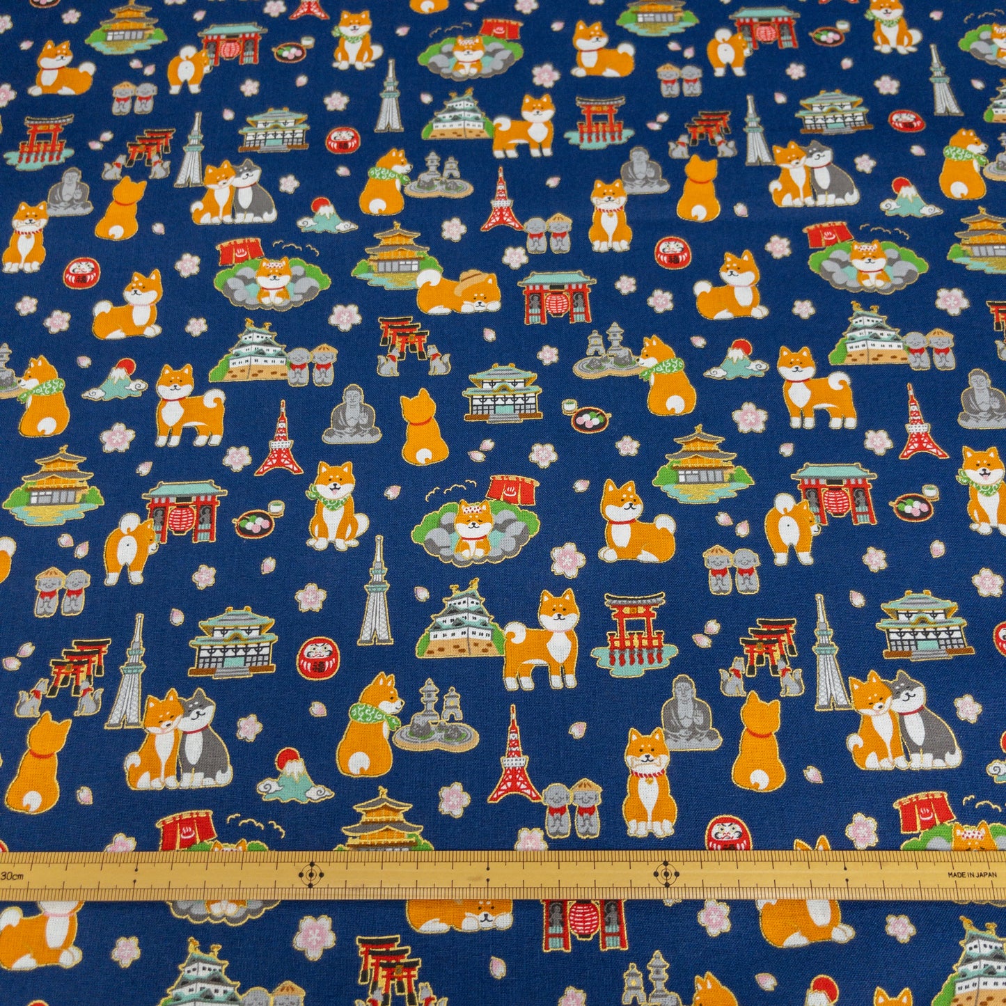 Japan| Foil-stamped shiba travel 柴犬旅行日本 | cotton printed sheeting 純棉