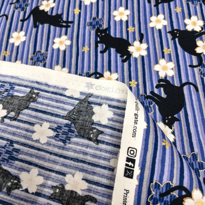 Quilt Gate | bronzing sakura stripe black cats 燙金櫻花間條黑貓 | cotton printed sheeting 純棉