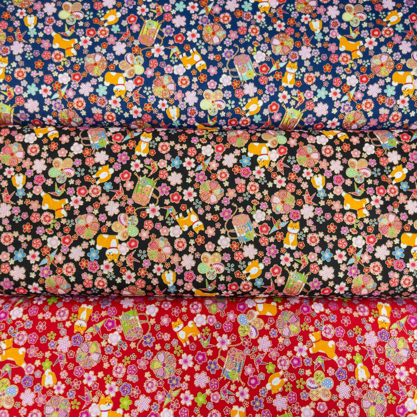 Japan| Foil-stamped shiba sakura柴犬燙金櫻花 | cotton printed sheeting 純棉