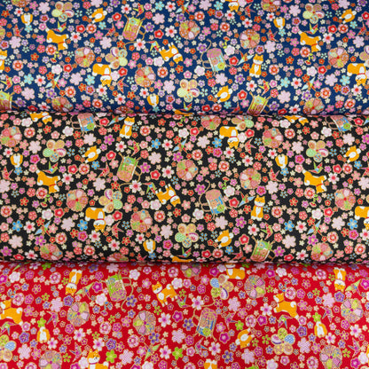 Japan| Foil-stamped shiba sakura柴犬燙金櫻花 | cotton printed sheeting 純棉