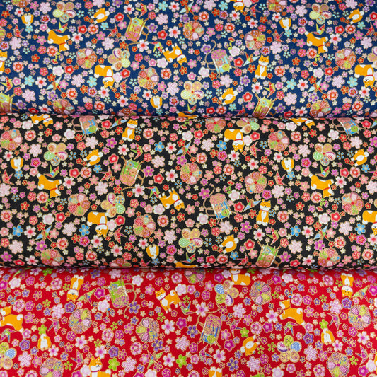 Japan| Foil-stamped shiba sakura柴犬燙金櫻花 | cotton printed sheeting 純棉