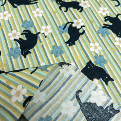 Quilt Gate | bronzing sakura stripe black cats 燙金櫻花間條黑貓 | cotton printed sheeting 純棉