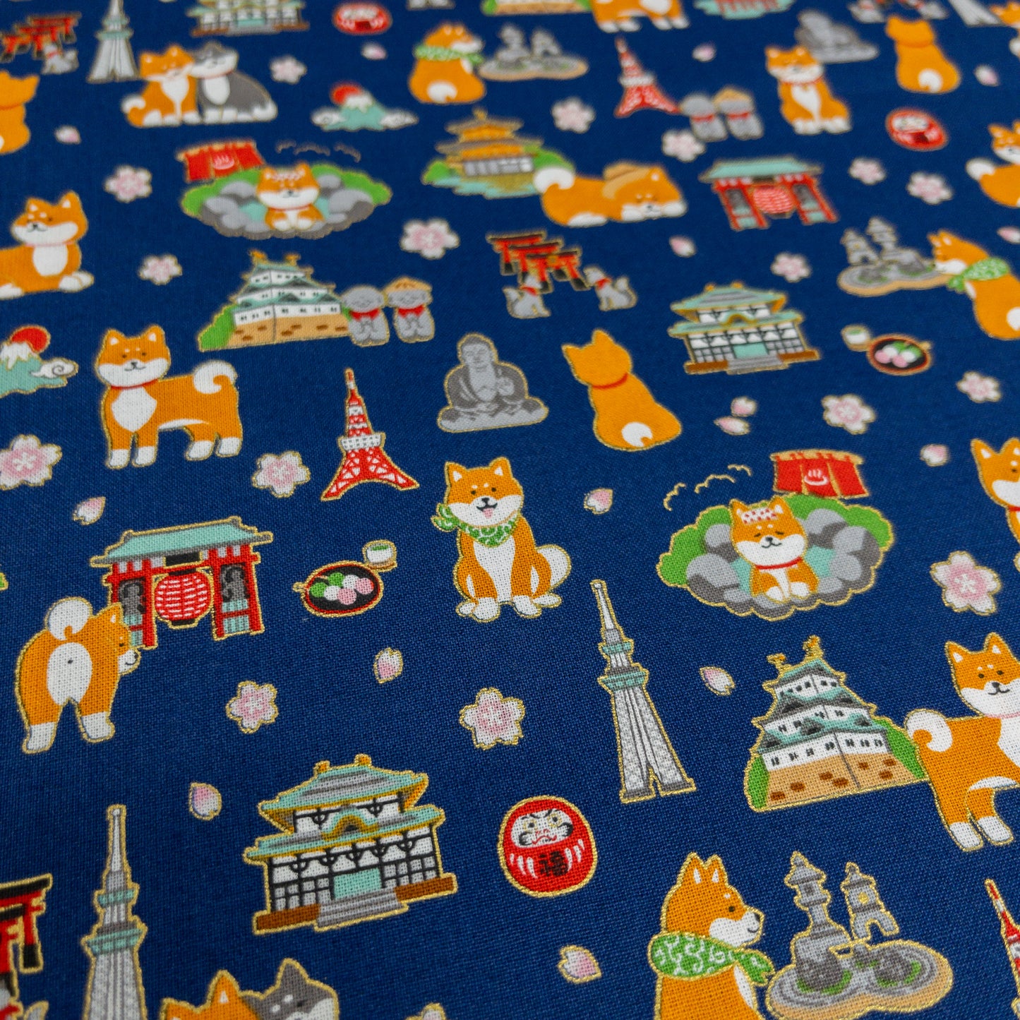 Japan| Foil-stamped shiba travel 柴犬旅行日本 | cotton printed sheeting 純棉