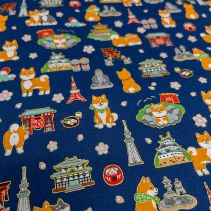 Japan| Foil-stamped shiba travel 柴犬旅行日本 | cotton printed sheeting 純棉