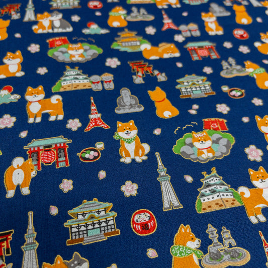 Japan| Foil-stamped shiba travel 柴犬旅行日本 | cotton printed sheeting 純棉