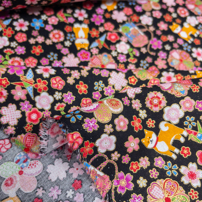Japan| Foil-stamped shiba sakura柴犬燙金櫻花 | cotton printed sheeting 純棉