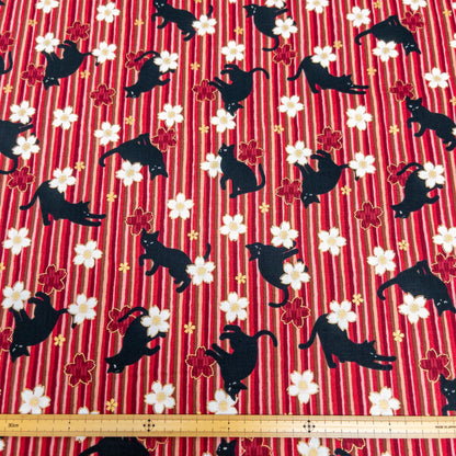 Quilt Gate | bronzing sakura stripe black cats 燙金櫻花間條黑貓 | cotton printed sheeting 純棉