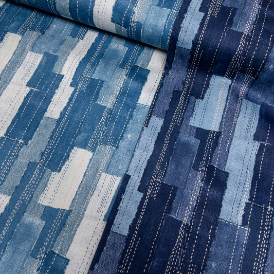 Japan | denim sashiko look 牛仔刺子繡拼布條風格 | cotton printed twill 純棉