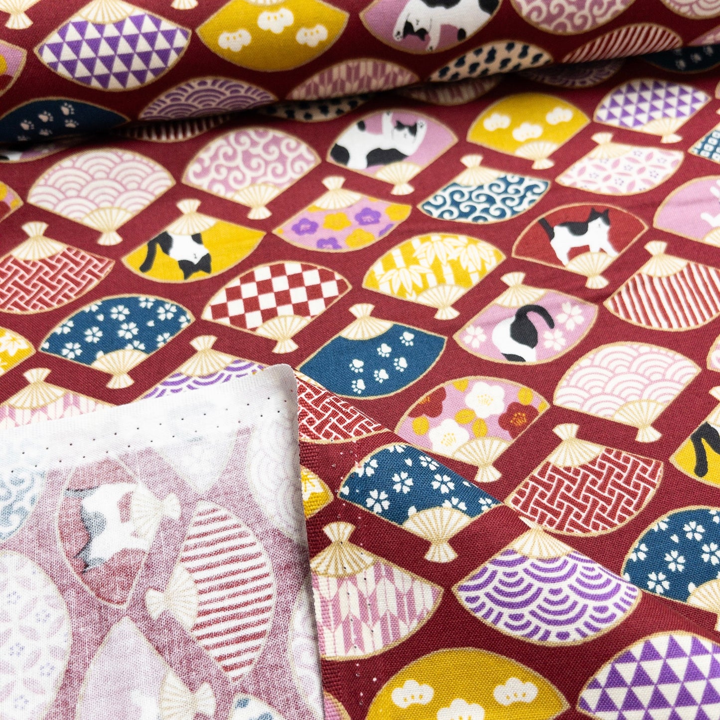 Japan | japanese folding fan & cats 和風和扇貓貓 | cotton printed sheeting 純棉