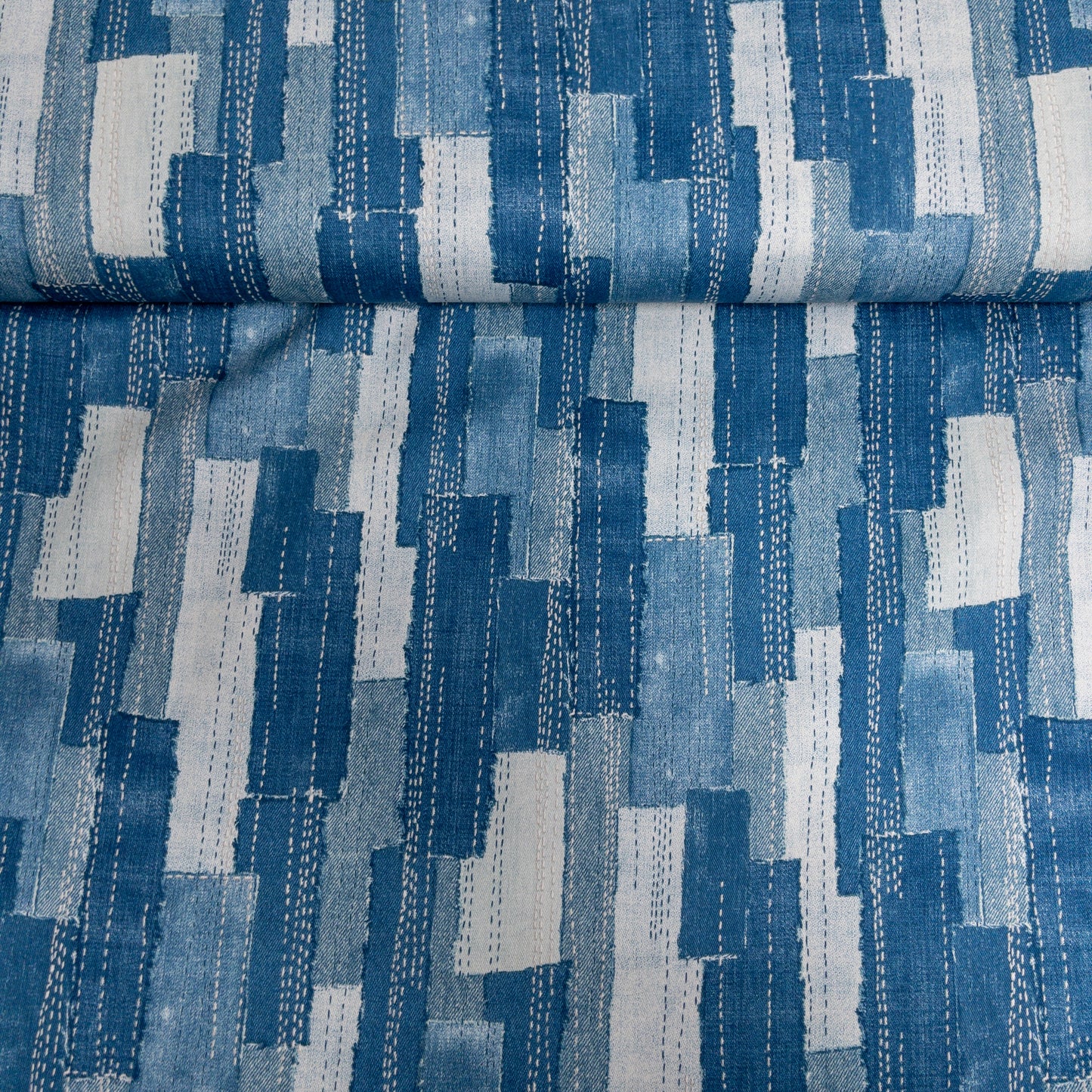 Japan | denim sashiko look 牛仔刺子繡拼布條風格 | cotton printed twill 純棉