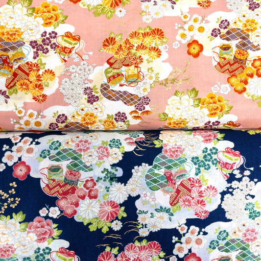 Japan | gilded japanese kaioke 燙金百花海貝桶 | cotton printed shirting 純棉
